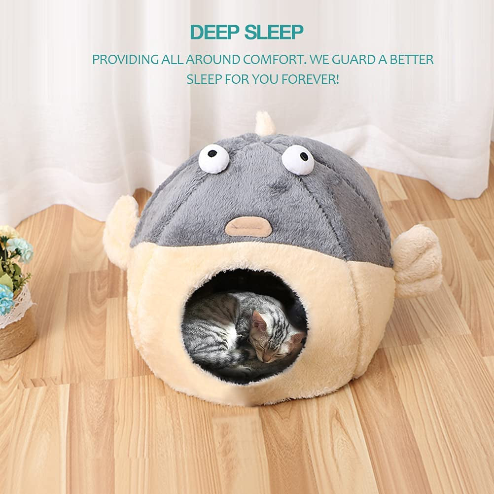 Cozy Cat Bed Cave with Washable Pillow - Adorable 2-in-1 Soft Tent for Kittens & Small Cats in Charming Pufferfish Design, Grey
