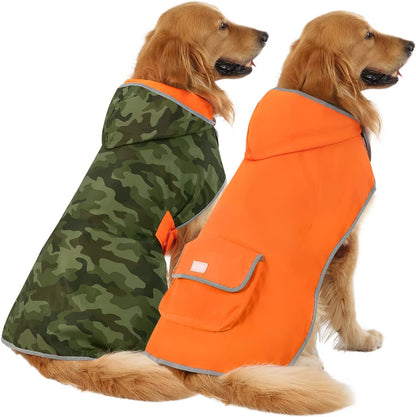 Stylish Camo Orange Reversible Dog Raincoat - Lightweight Hooded Slicker for All Breeds - Size L