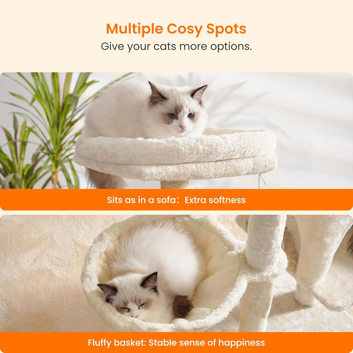 Deluxe Beige Cat Tree with Self Groomer Brush - Plush Tower Condo & Scratching Post for Happy Indoor Cats