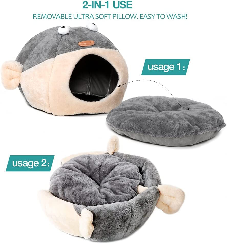 Cozy Cat Bed Cave with Washable Pillow - Adorable 2-in-1 Soft Tent for Kittens & Small Cats in Charming Pufferfish Design, Grey