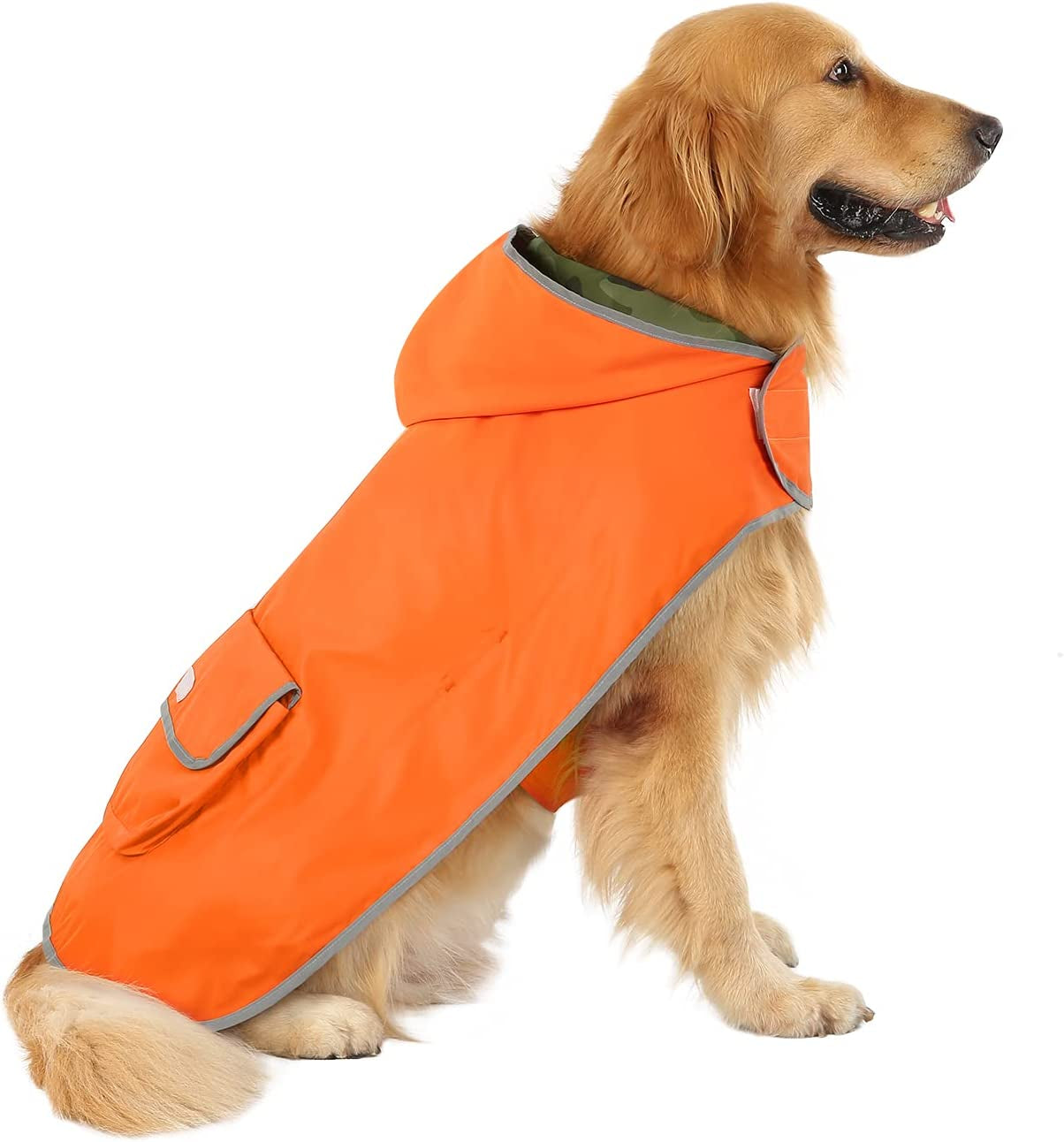 Stylish Camo Orange Reversible Dog Raincoat - Lightweight Hooded Slicker for All Breeds - Size L