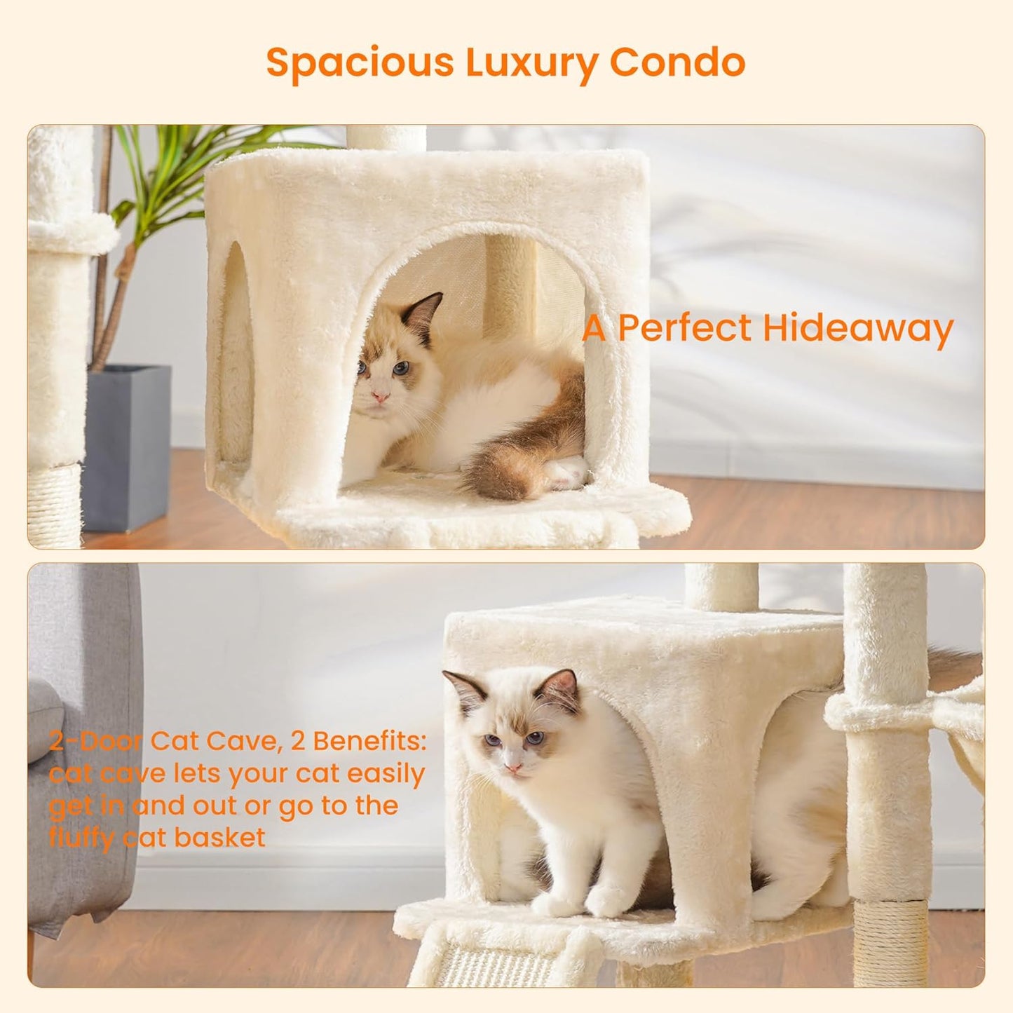 Deluxe Beige Cat Tree with Self Groomer Brush - Plush Tower Condo & Scratching Post for Happy Indoor Cats