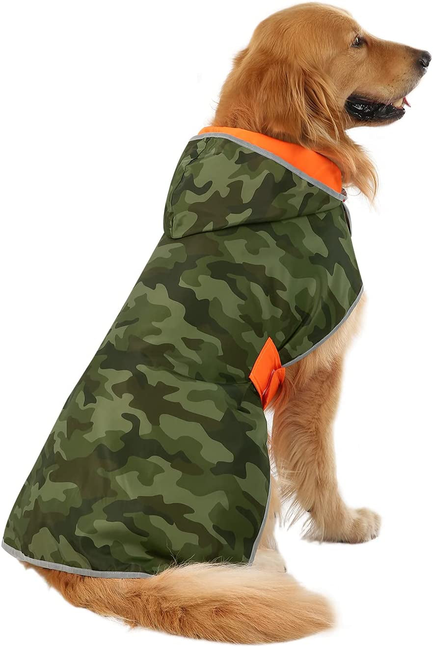 Stylish Camo Orange Reversible Dog Raincoat - Lightweight Hooded Slicker for All Breeds - Size L