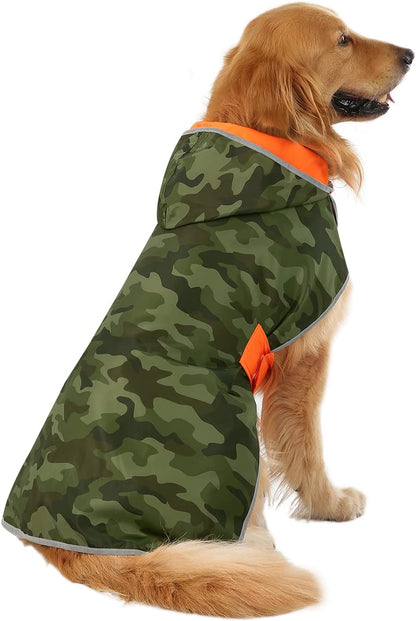 Stylish Camo Orange Reversible Dog Raincoat - Lightweight Hooded Slicker for All Breeds - Size L