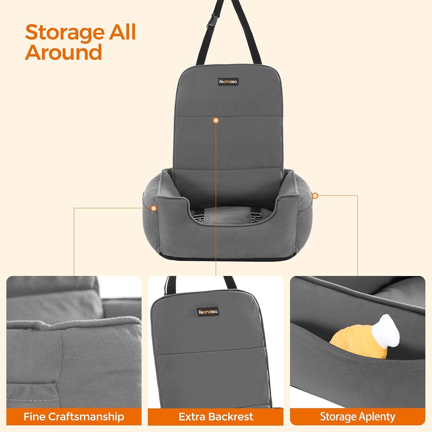 Comfortable Gray Dog Car Seat & Booster Bed for Small to Medium Dogs and Cats - Easy Clean with Removable Cover and Convenient Storage!