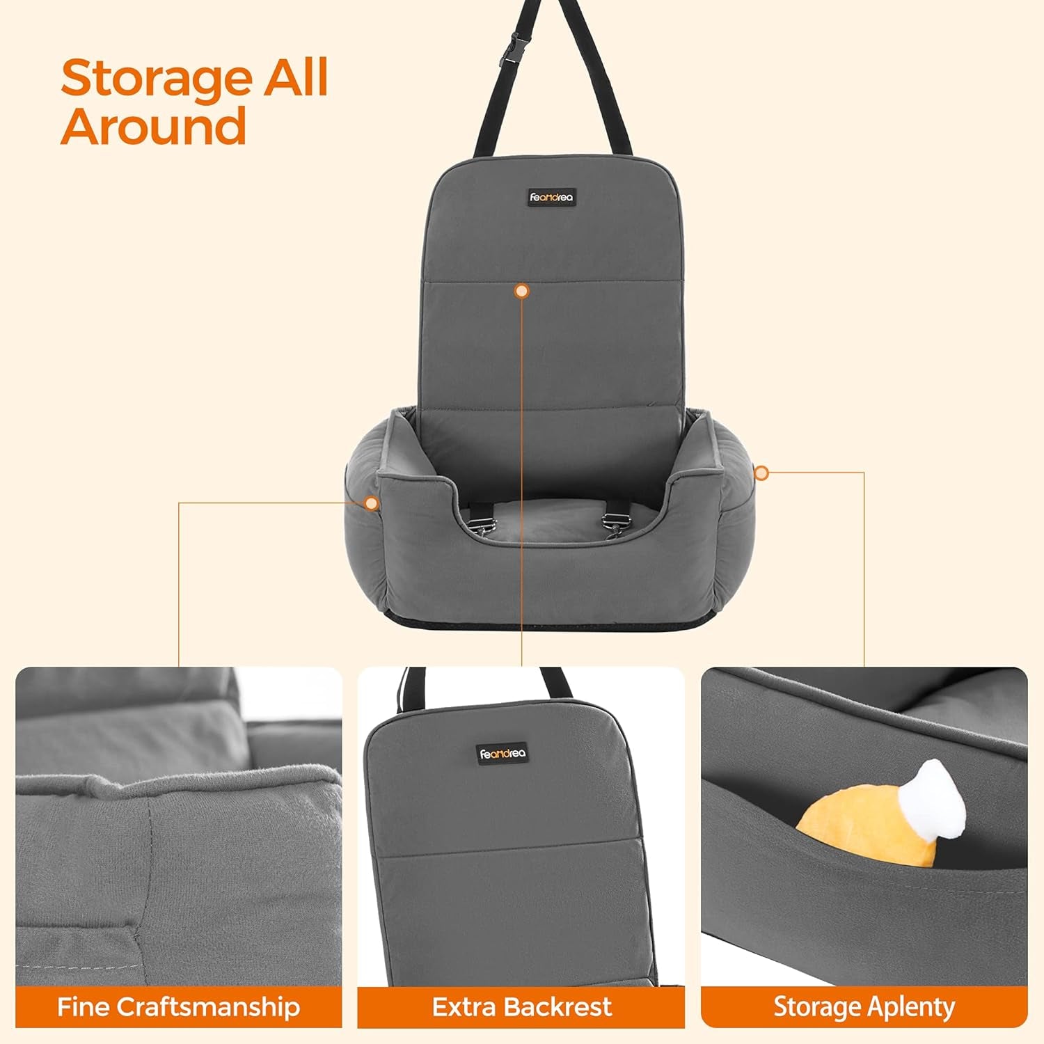 Comfortable Gray Dog Car Seat & Booster Bed for Small to Medium Dogs and Cats - Easy Clean with Removable Cover and Convenient Storage!