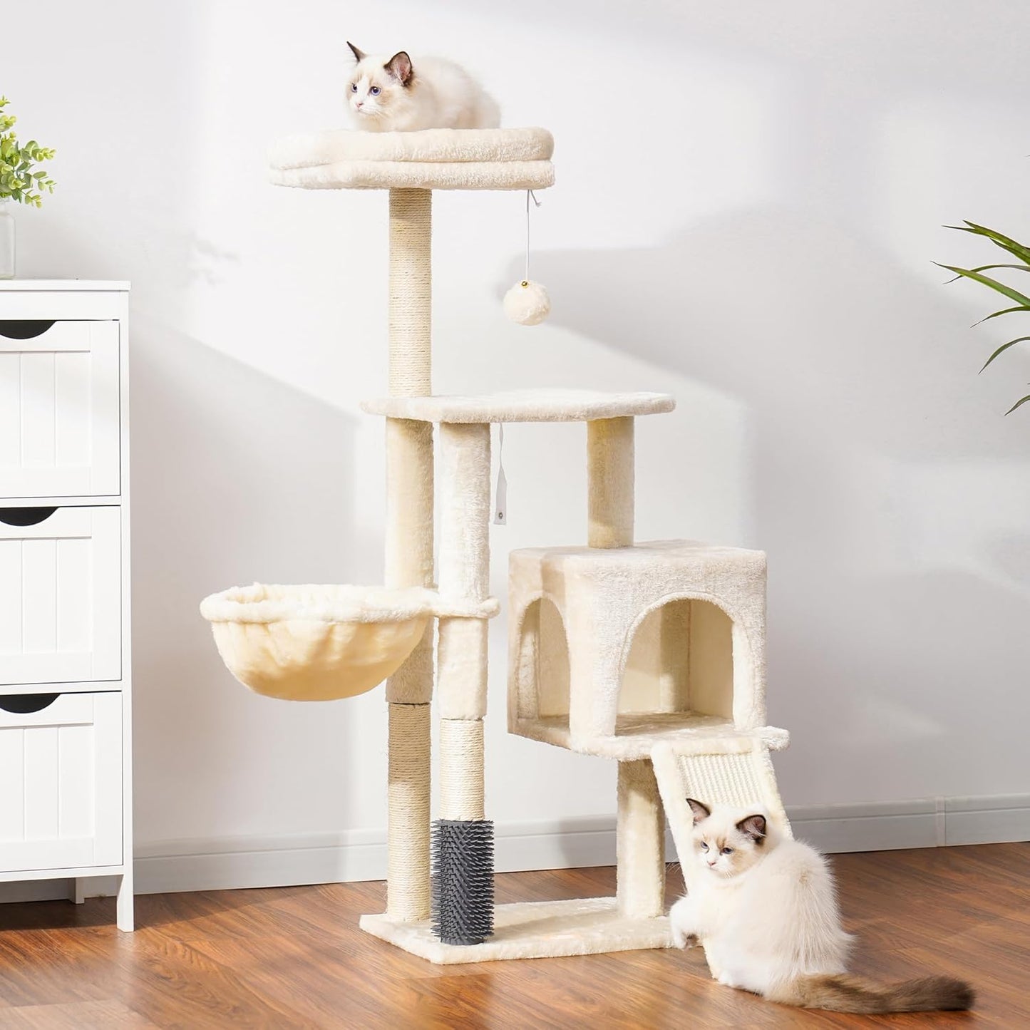 Deluxe Beige Cat Tree with Self Groomer Brush - Plush Tower Condo & Scratching Post for Happy Indoor Cats