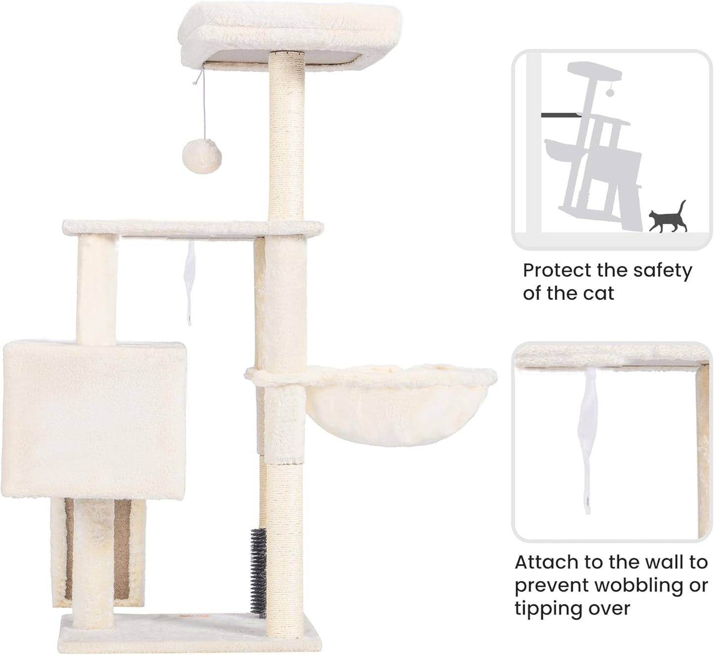 Deluxe Beige Cat Tree with Self Groomer Brush - Plush Tower Condo & Scratching Post for Happy Indoor Cats