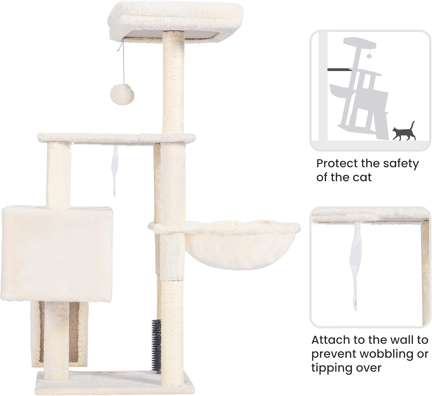 Deluxe Beige Cat Tree with Self Groomer Brush - Plush Tower Condo & Scratching Post for Happy Indoor Cats