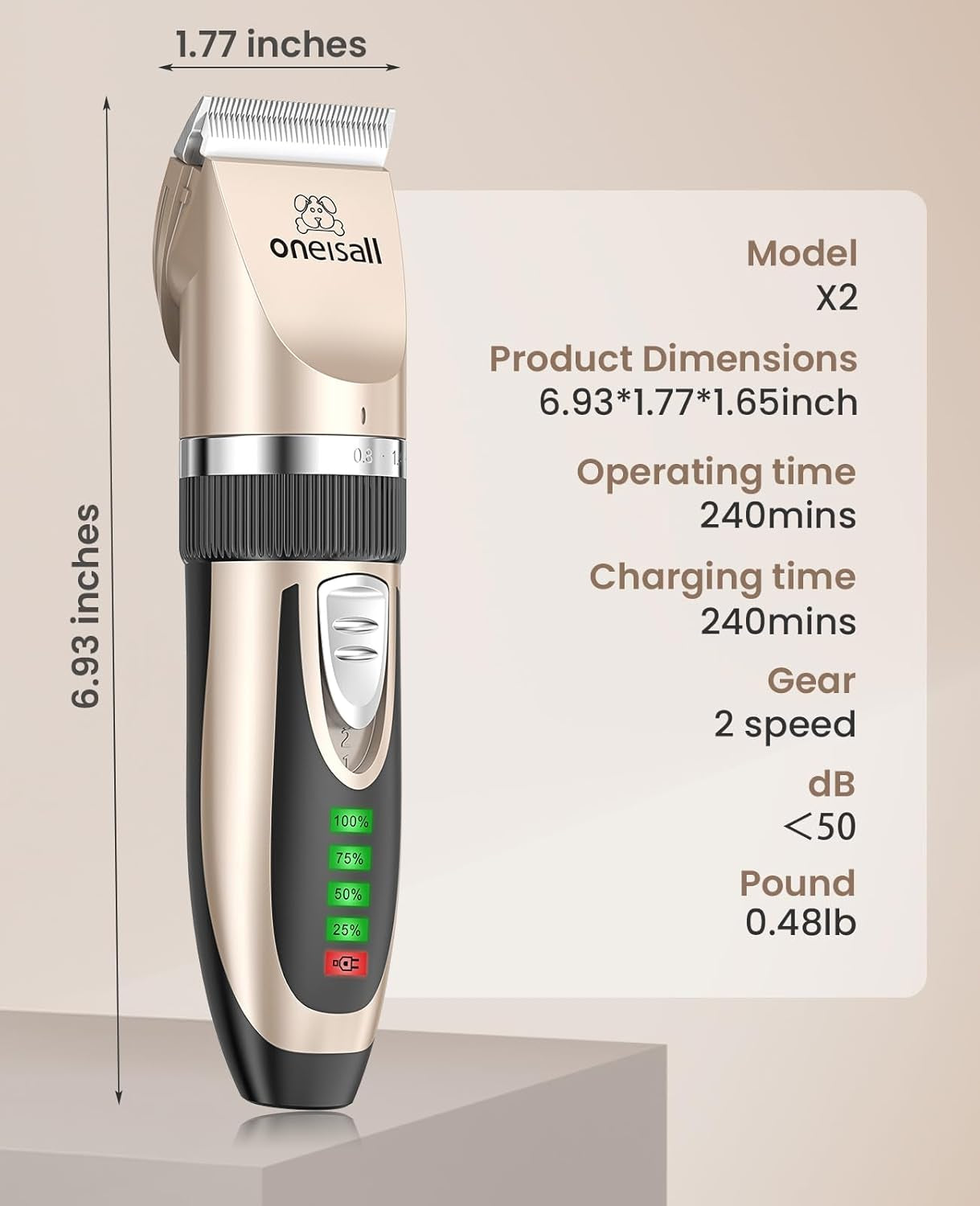 Premium Low Noise Dog Clippers - 2-Speed Rechargeable Cordless Grooming Kit for Dogs & Cats in Elegant Gold