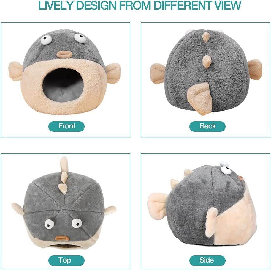 Cozy Cat Bed Cave with Washable Pillow - Adorable 2-in-1 Soft Tent for Kittens & Small Cats in Charming Pufferfish Design, Grey