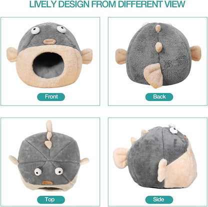 Cozy Cat Bed Cave with Washable Pillow - Adorable 2-in-1 Soft Tent for Kittens & Small Cats in Charming Pufferfish Design, Grey