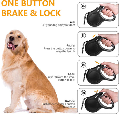 16 Ft Retractable Dog Leash with Poop Bag Dispenser - Ideal for Small Dogs and Cats up to 26 Lbs, Tangle-Free Design, Reflective Nylon Tape, and Comfortable Anti-Slip Handle in Sleek Black