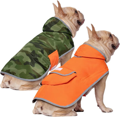 Stylish Camo Orange Reversible Dog Raincoat - Lightweight Hooded Slicker for All Breeds - Size L