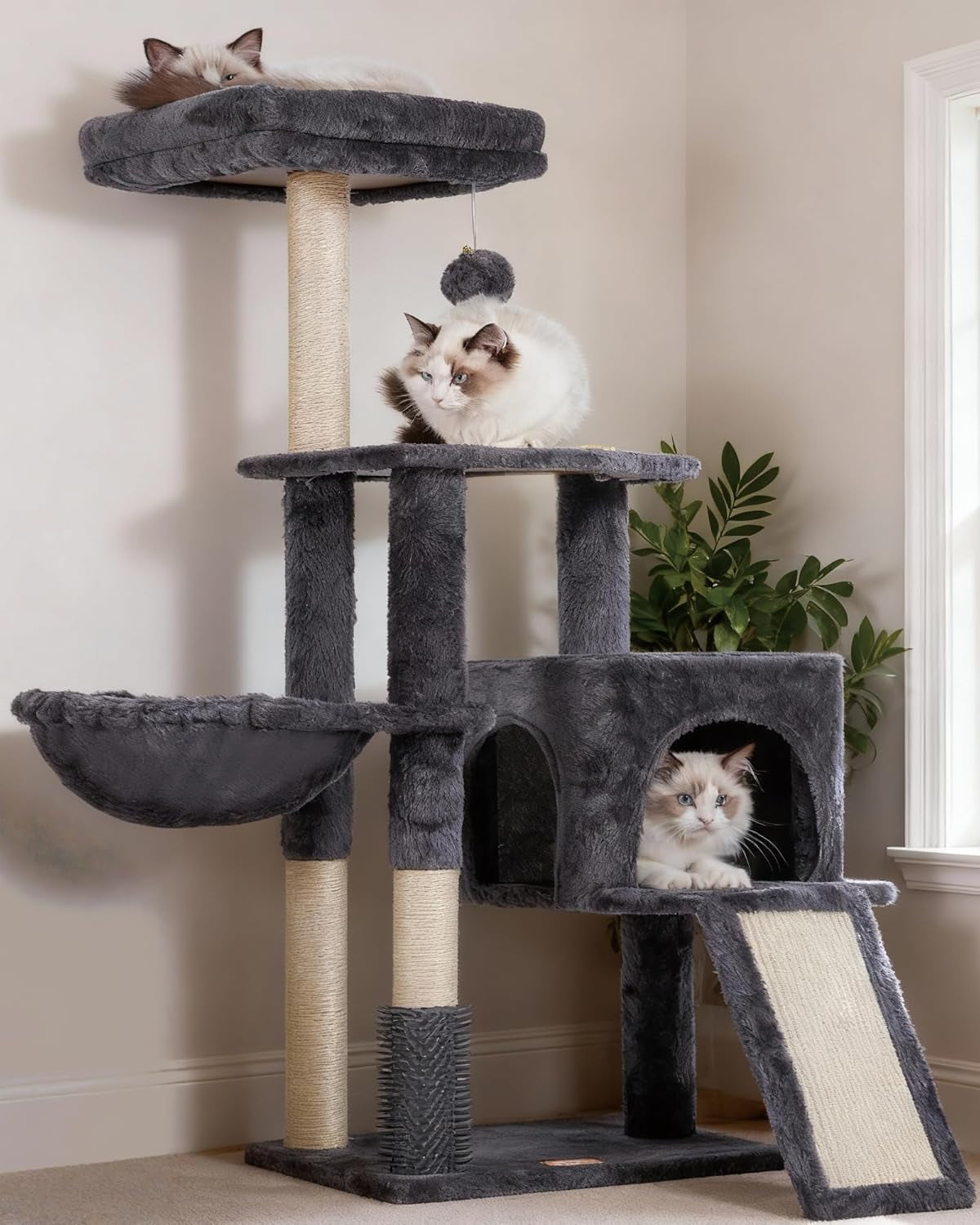 Deluxe Beige Cat Tree with Self Groomer Brush - Plush Tower Condo & Scratching Post for Happy Indoor Cats