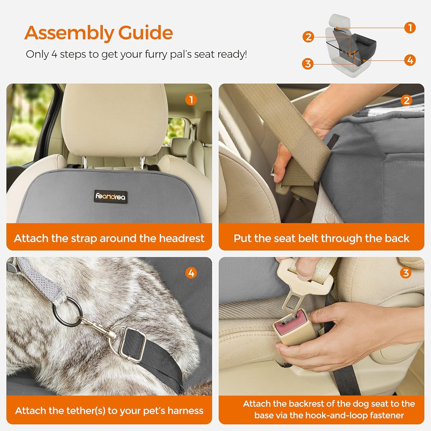 Comfortable Gray Dog Car Seat & Booster Bed for Small to Medium Dogs and Cats - Easy Clean with Removable Cover and Convenient Storage!