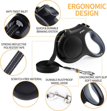 16 Ft Retractable Dog Leash with Poop Bag Dispenser - Ideal for Small Dogs and Cats up to 26 Lbs, Tangle-Free Design, Reflective Nylon Tape, and Comfortable Anti-Slip Handle in Sleek Black