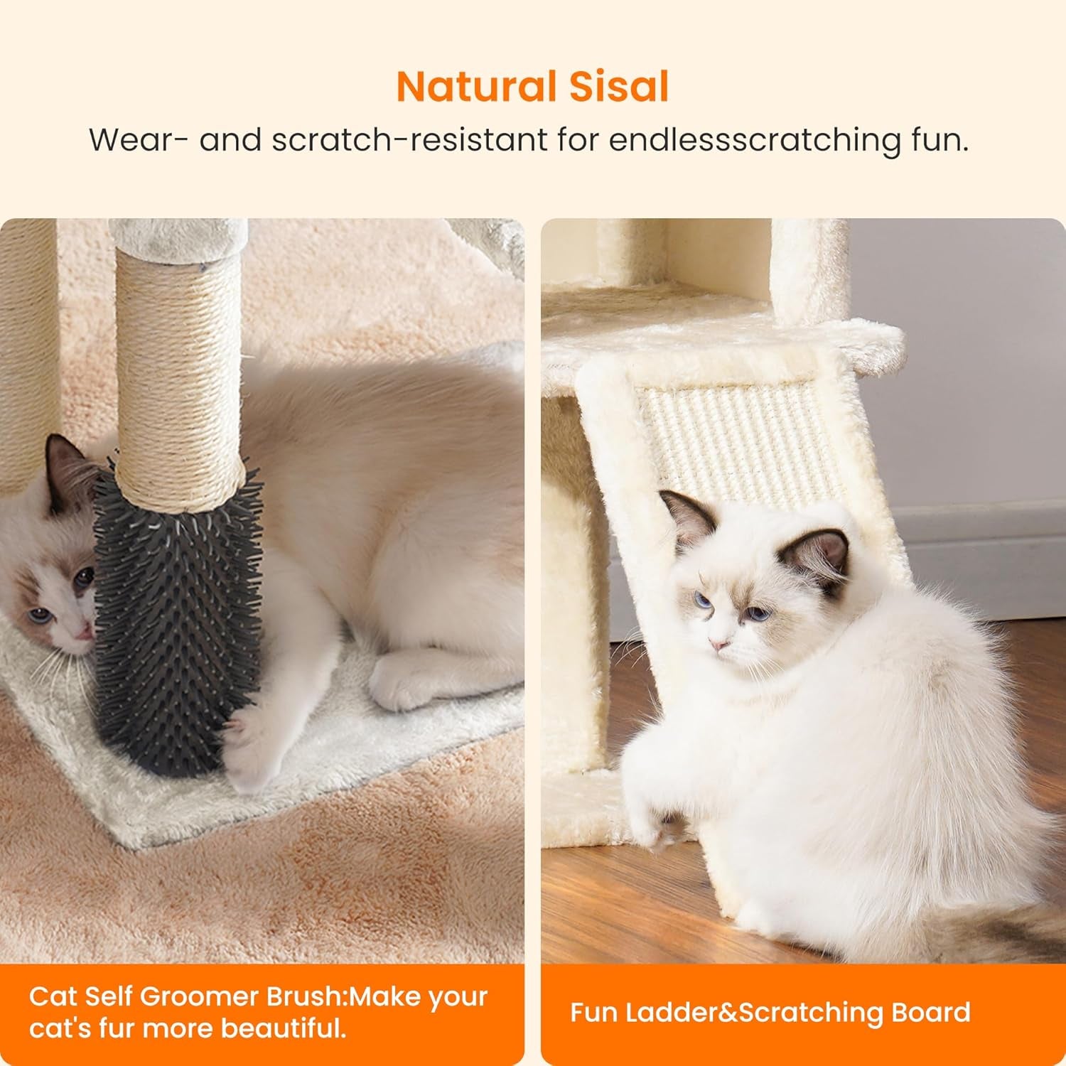 Deluxe Beige Cat Tree with Self Groomer Brush - Plush Tower Condo & Scratching Post for Happy Indoor Cats