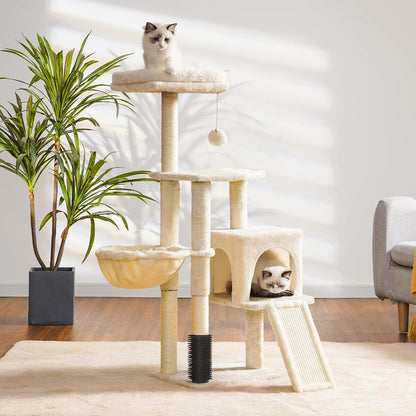 Deluxe Beige Cat Tree with Self Groomer Brush - Plush Tower Condo & Scratching Post for Happy Indoor Cats