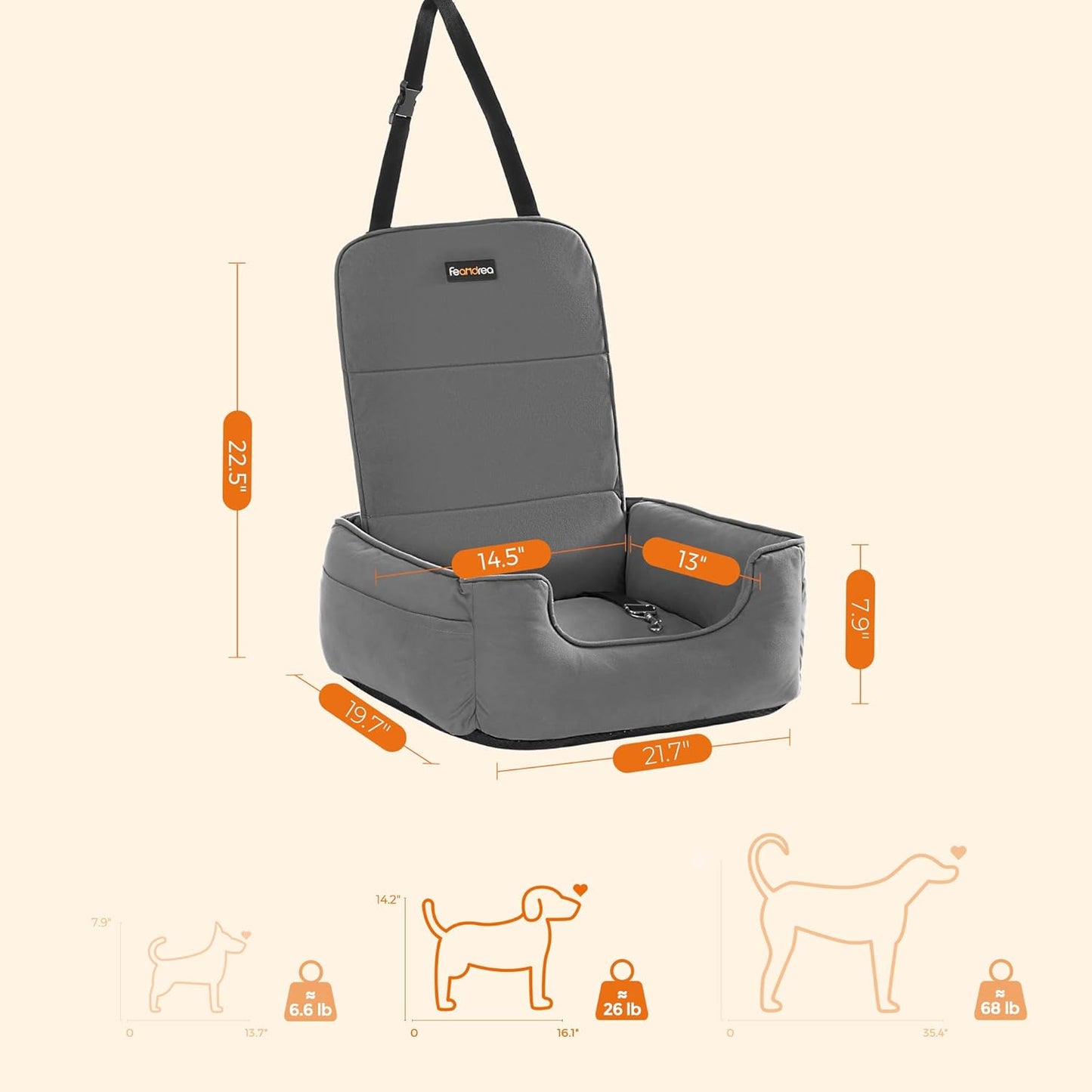 Comfortable Gray Dog Car Seat & Booster Bed for Small to Medium Dogs and Cats - Easy Clean with Removable Cover and Convenient Storage!