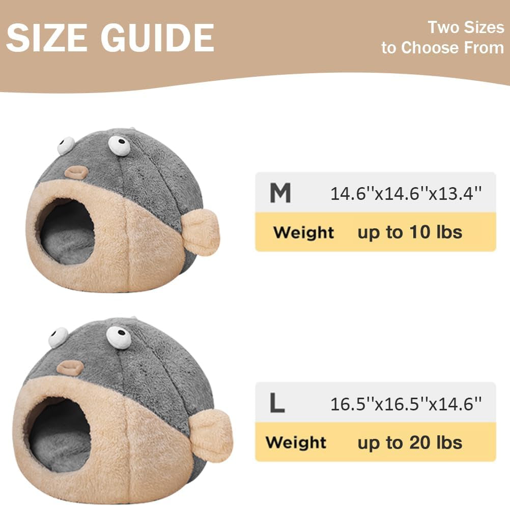 Cozy Cat Bed Cave with Washable Pillow - Adorable 2-in-1 Soft Tent for Kittens & Small Cats in Charming Pufferfish Design, Grey