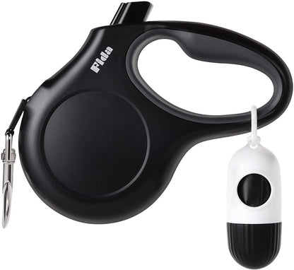 16 Ft Retractable Dog Leash with Poop Bag Dispenser - Ideal for Small Dogs and Cats up to 26 Lbs, Tangle-Free Design, Reflective Nylon Tape, and Comfortable Anti-Slip Handle in Sleek Black
