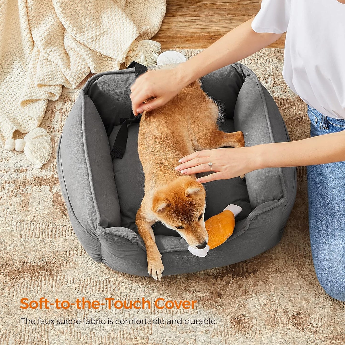 Comfortable Gray Dog Car Seat & Booster Bed for Small to Medium Dogs and Cats - Easy Clean with Removable Cover and Convenient Storage!
