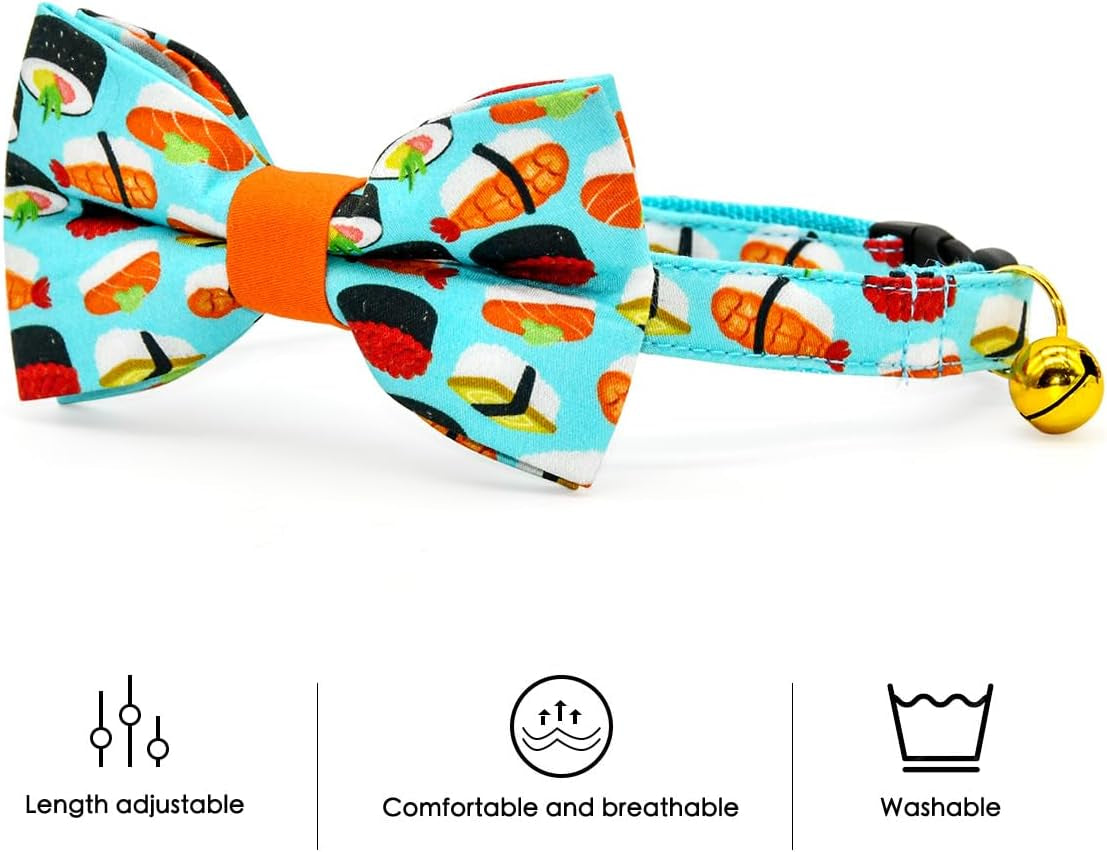 Stylish Sushi Cat Collar Bow Set - Safe Breakaway Collar with Adorable Bowtie for Kittens and Cats