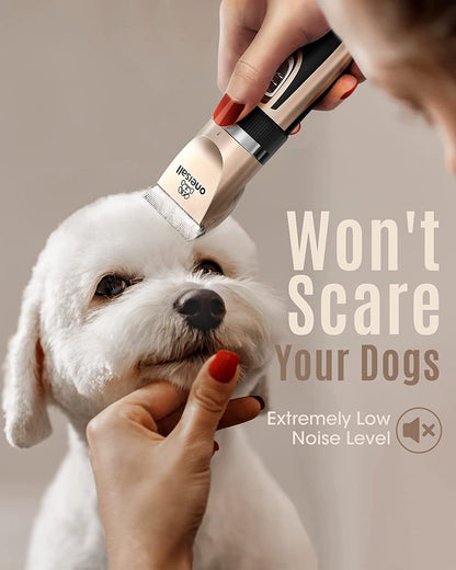 Premium Low Noise Dog Clippers - 2-Speed Rechargeable Cordless Grooming Kit for Dogs & Cats in Elegant Gold
