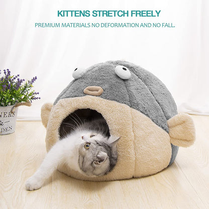 Cozy Cat Bed Cave with Washable Pillow - Adorable 2-in-1 Soft Tent for Kittens & Small Cats in Charming Pufferfish Design, Grey