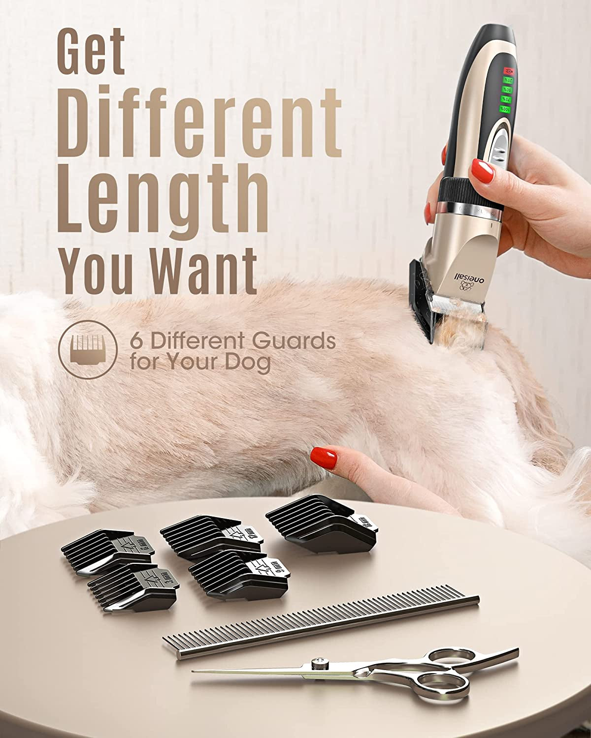 Premium Low Noise Dog Clippers - 2-Speed Rechargeable Cordless Grooming Kit for Dogs & Cats in Elegant Gold