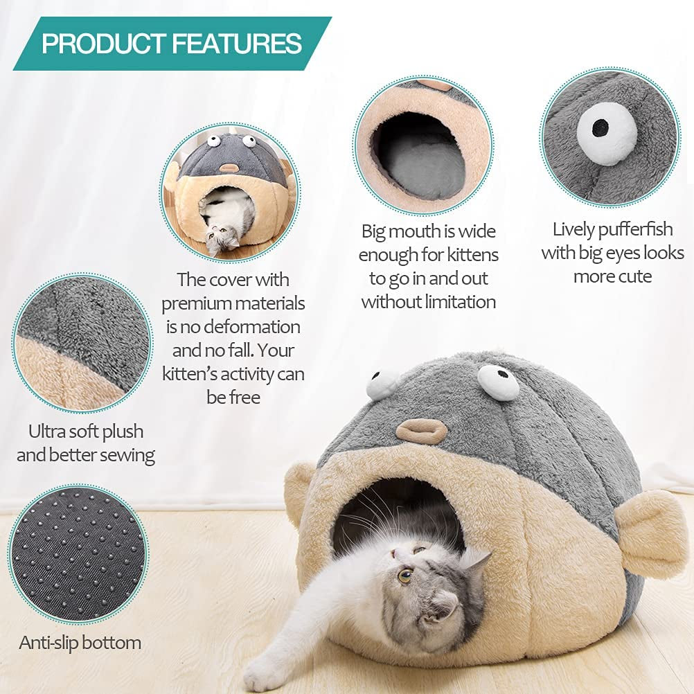 Cozy Cat Bed Cave with Washable Pillow - Adorable 2-in-1 Soft Tent for Kittens & Small Cats in Charming Pufferfish Design, Grey