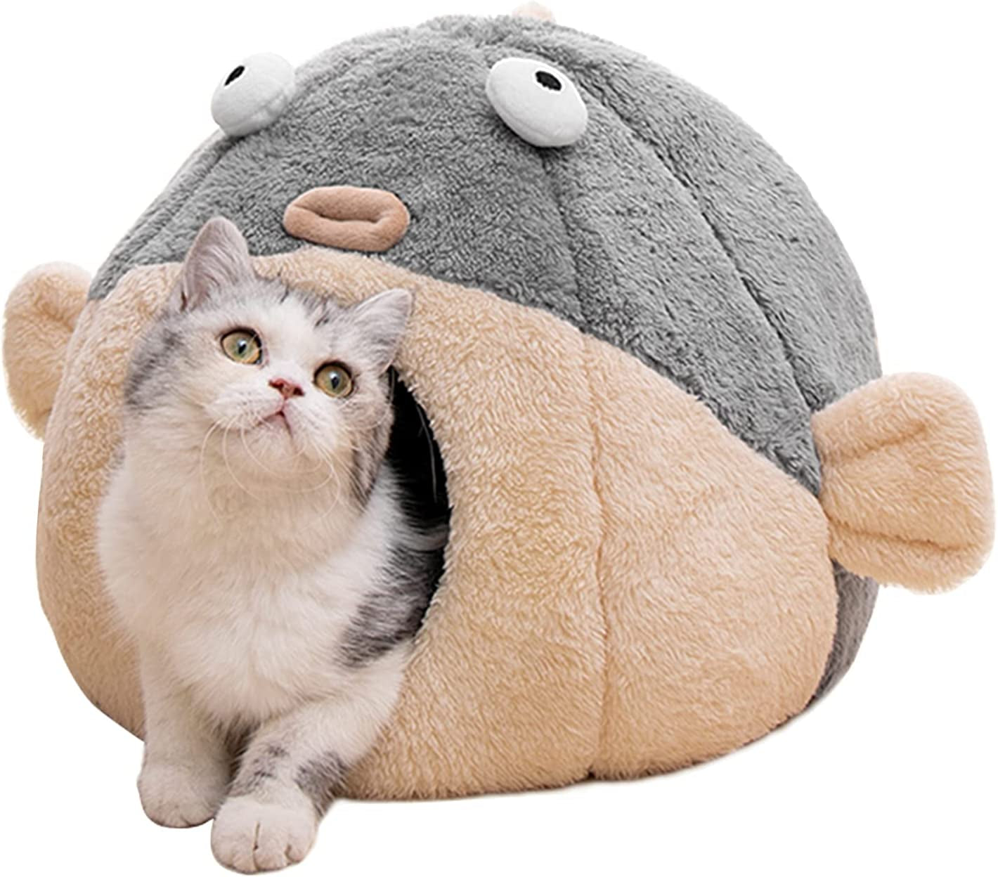 Cozy Cat Bed Cave with Washable Pillow - Adorable 2-in-1 Soft Tent for Kittens & Small Cats in Charming Pufferfish Design, Grey