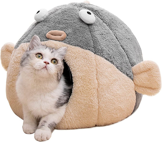 Cozy Cat Bed Cave with Washable Pillow - Adorable 2-in-1 Soft Tent for Kittens & Small Cats in Charming Pufferfish Design, Grey