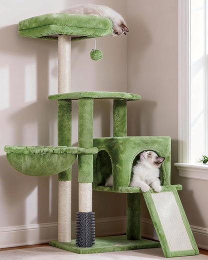 Deluxe Beige Cat Tree with Self Groomer Brush - Plush Tower Condo & Scratching Post for Happy Indoor Cats