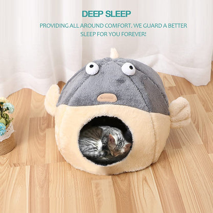 Cozy Cat Bed Cave with Washable Pillow - Adorable 2-in-1 Soft Tent for Kittens & Small Cats in Charming Pufferfish Design, Grey