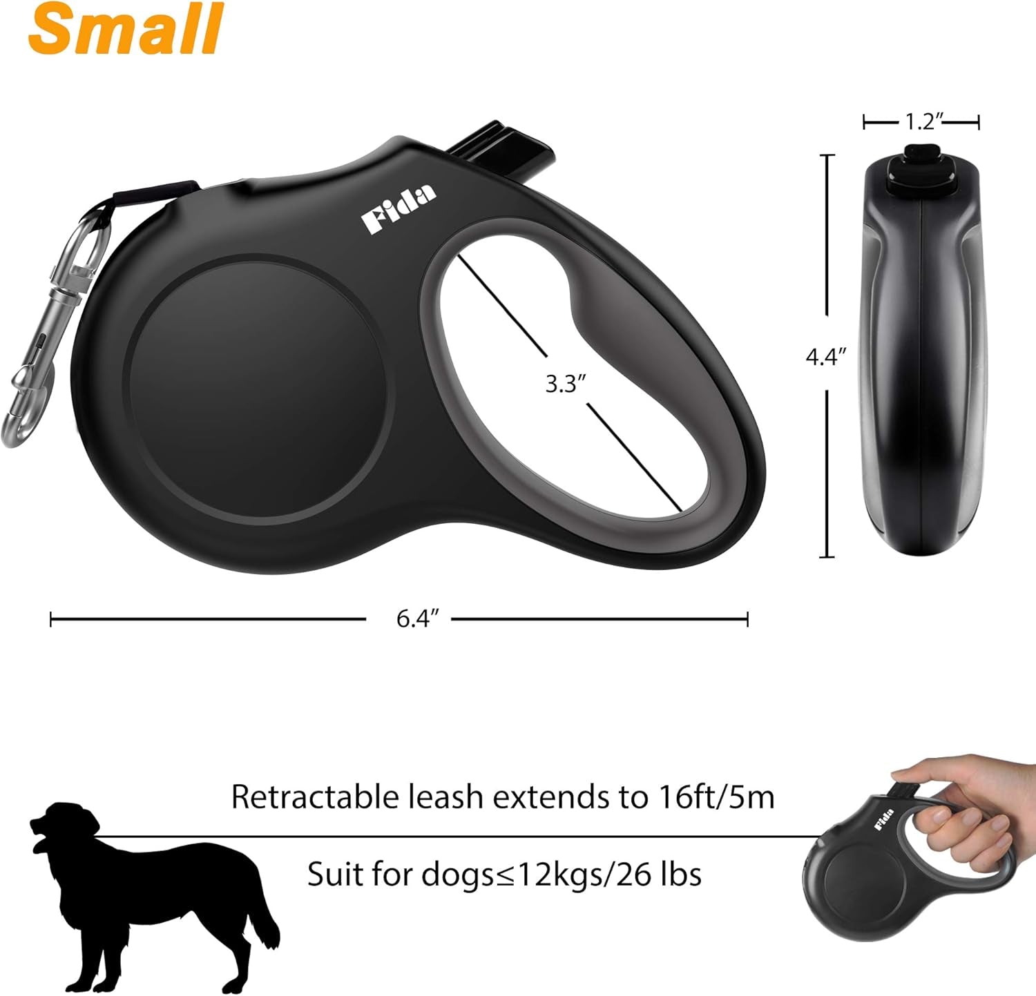 16 Ft Retractable Dog Leash with Poop Bag Dispenser - Ideal for Small Dogs and Cats up to 26 Lbs, Tangle-Free Design, Reflective Nylon Tape, and Comfortable Anti-Slip Handle in Sleek Black