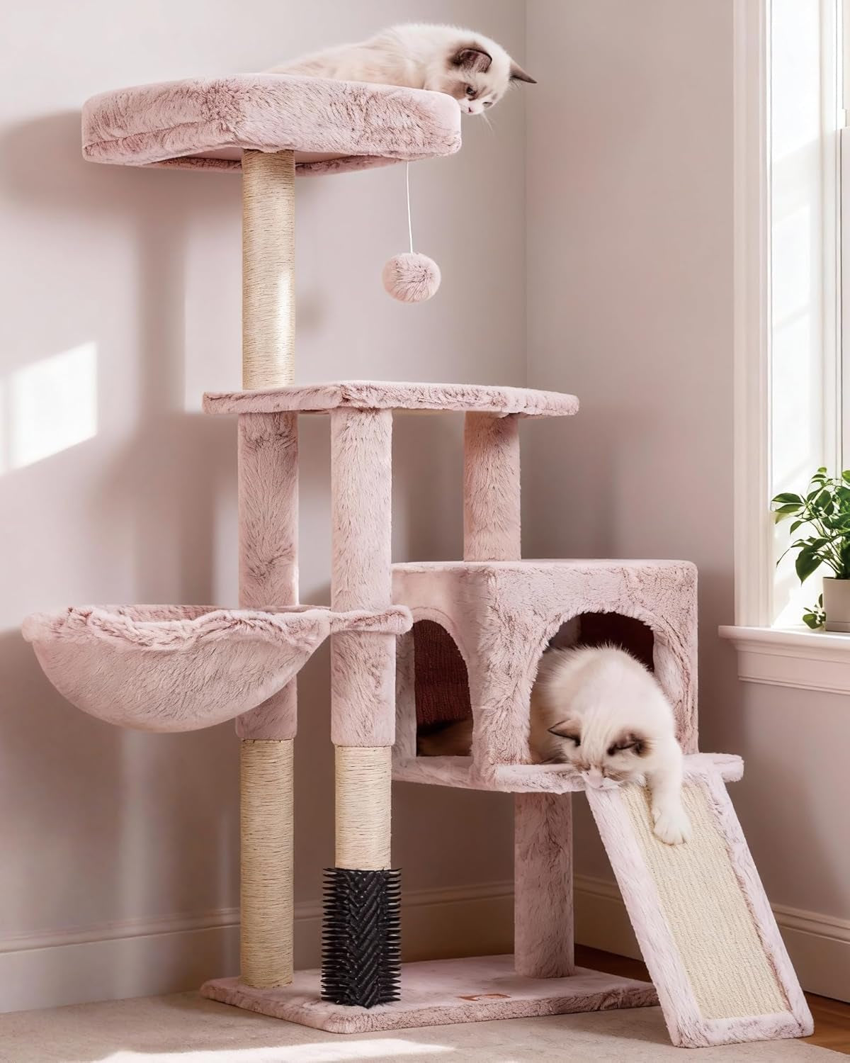 Deluxe Beige Cat Tree with Self Groomer Brush - Plush Tower Condo & Scratching Post for Happy Indoor Cats