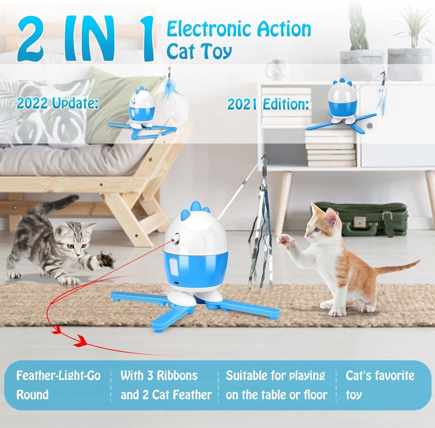 Exciting 2-in-1 Interactive Cat Toy: Rechargeable Light & Feather Fun for Indoor Cats - Adjustable Automatic Playtime!
