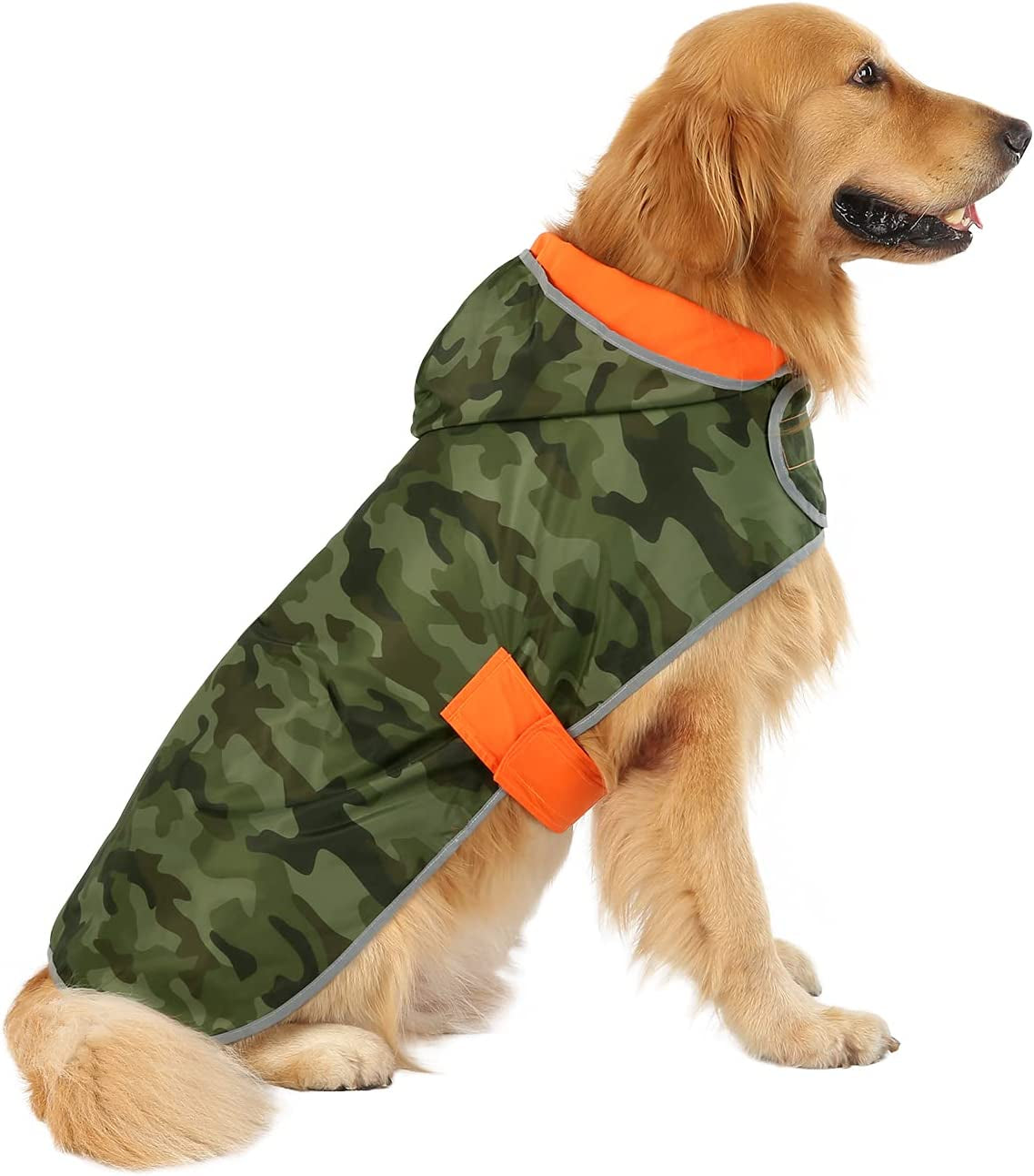 Stylish Camo Orange Reversible Dog Raincoat - Lightweight Hooded Slicker for All Breeds - Size L