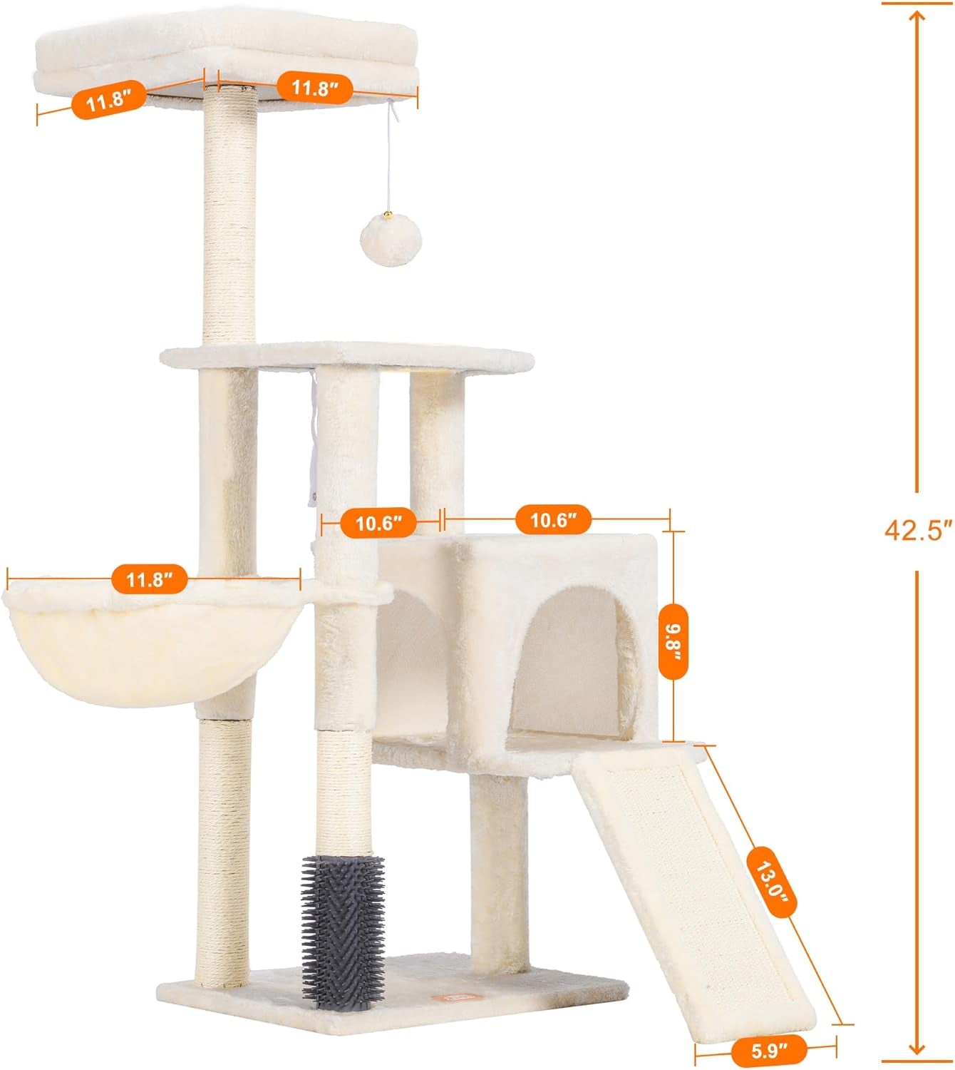 Deluxe Beige Cat Tree with Self Groomer Brush - Plush Tower Condo & Scratching Post for Happy Indoor Cats