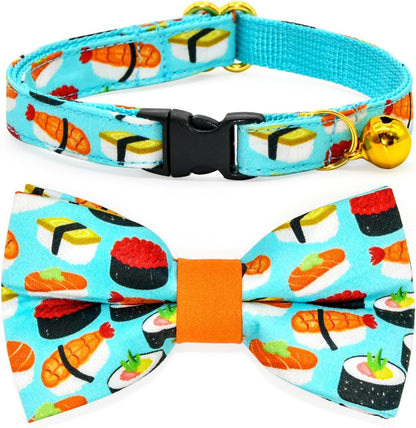 Stylish Sushi Cat Collar Bow Set - Safe Breakaway Collar with Adorable Bowtie for Kittens and Cats