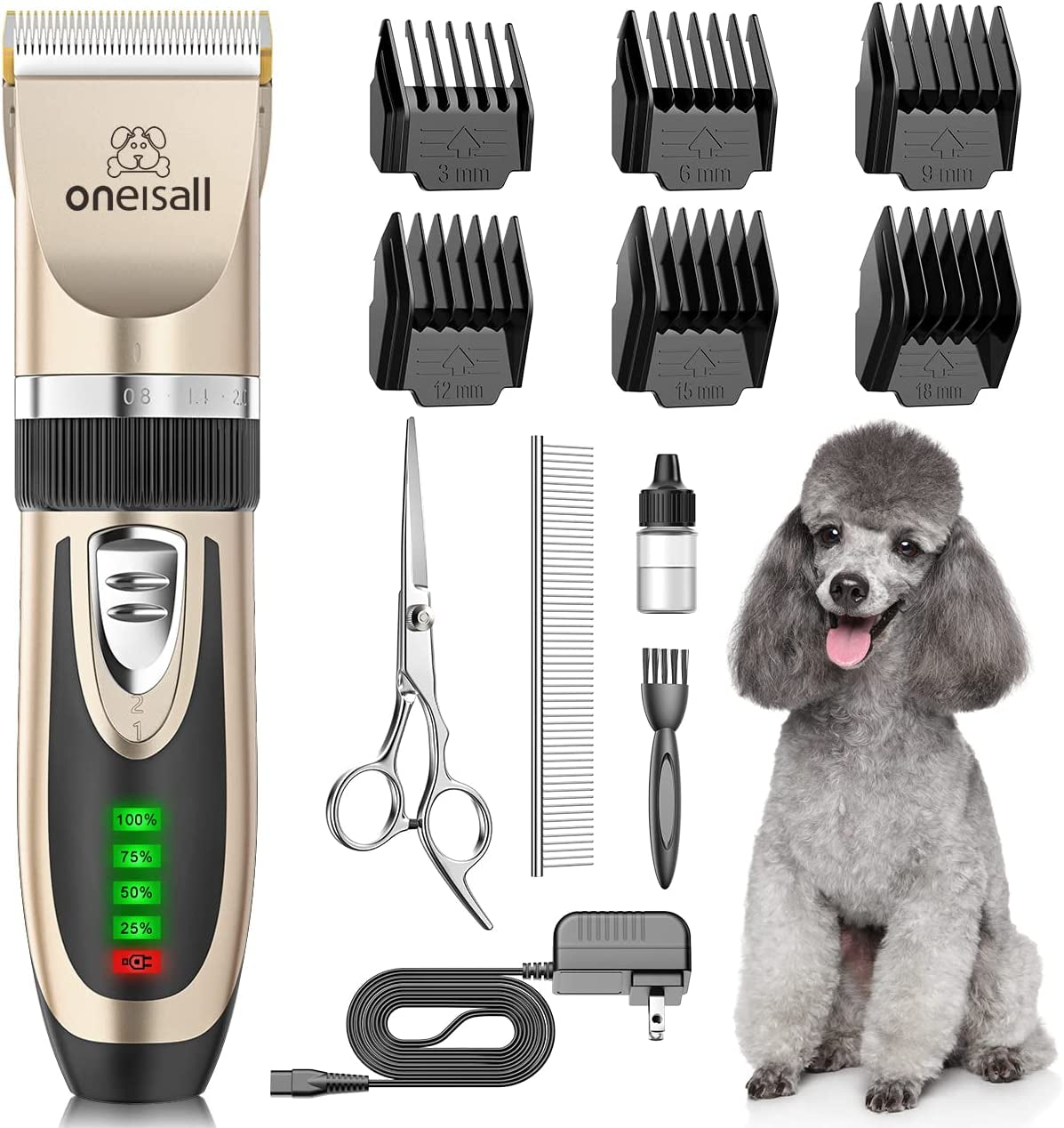 Premium Low Noise Dog Clippers - 2-Speed Rechargeable Cordless Grooming Kit for Dogs & Cats in Elegant Gold