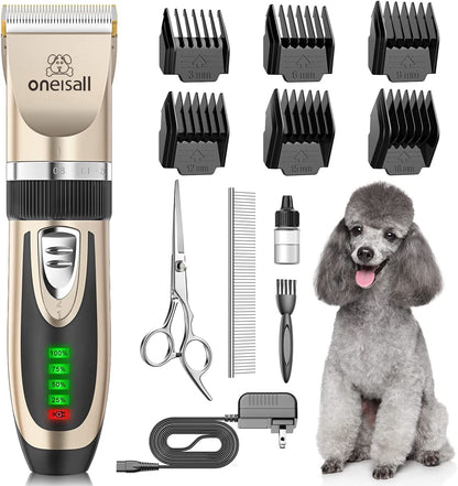 Premium Low Noise Dog Clippers - 2-Speed Rechargeable Cordless Grooming Kit for Dogs & Cats in Elegant Gold