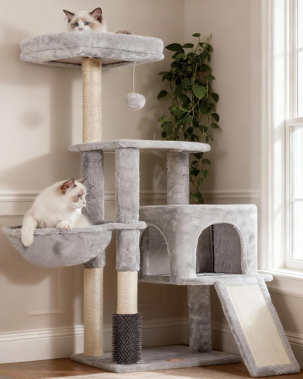 Deluxe Beige Cat Tree with Self Groomer Brush - Plush Tower Condo & Scratching Post for Happy Indoor Cats