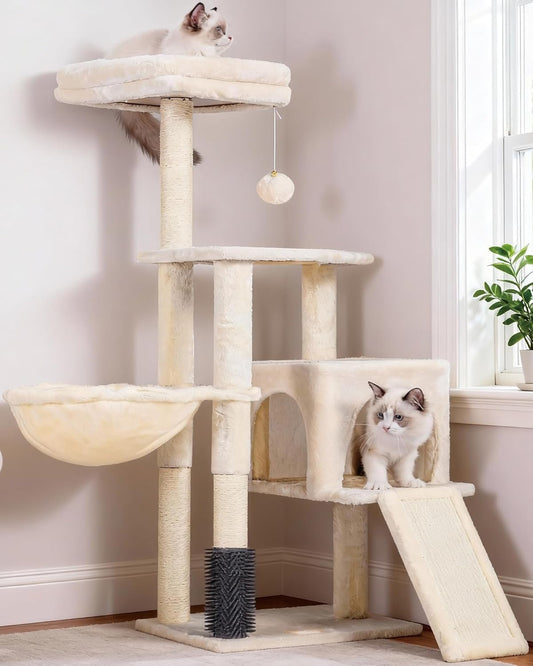 Deluxe Beige Cat Tree with Self Groomer Brush - Plush Tower Condo & Scratching Post for Happy Indoor Cats