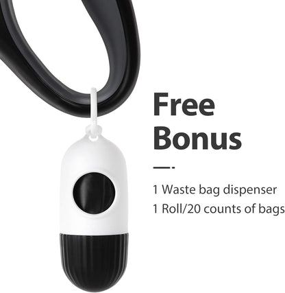 16 Ft Retractable Dog Leash with Poop Bag Dispenser - Ideal for Small Dogs and Cats up to 26 Lbs, Tangle-Free Design, Reflective Nylon Tape, and Comfortable Anti-Slip Handle in Sleek Black