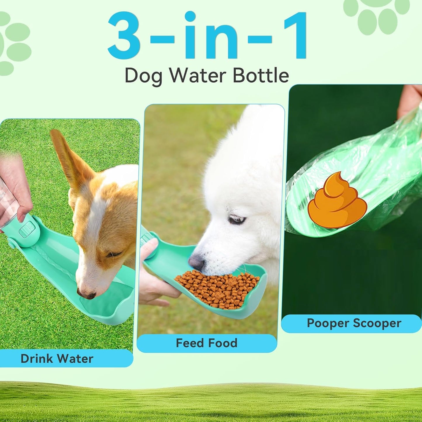 Ultimate 3-in-1 Portable Dog Water Bottle - Leak-Proof Dispenser with Food Container & Poop Scooper for Adventurous Dogs - Perfect for Hiking, Travel & Daily Walks (14.2 Oz, Green)